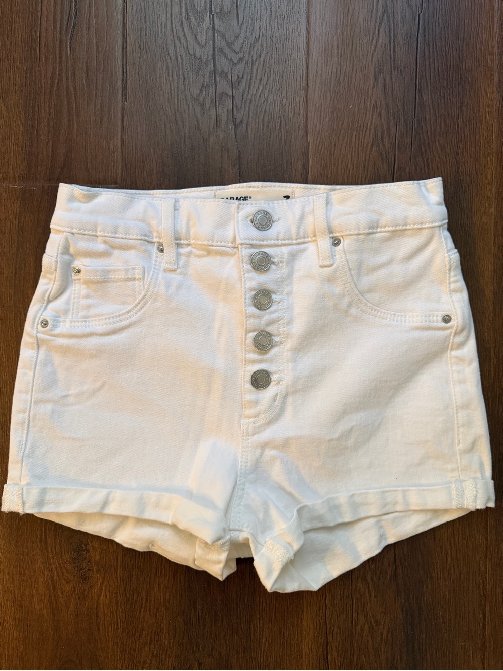 Garage White High-Waist Button-Front Denim Shorts